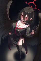 Rule 34 | 1girl, arm up, black choker, black garter belt, black gloves, black hair, black thighhighs, black wings, blue archive, breasts, choker, cleavage, closed mouth, clothes lift, feathered wings, from above, garter belt, gloves, halo, hasumi (blue archive), highres, kadokadokado, large breasts, lifting own clothes, light particles, long hair, looking at viewer, low wings, mole, mole under eye, neckerchief, red eyes, red neckerchief, sailor collar, school uniform, serafuku, skirt, skirt lift, solo, tented shirt, thighhighs, wings