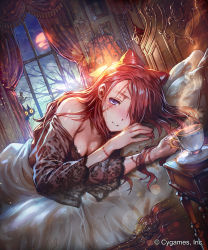 Rule 34 | 10s, 1girl, bare shoulders, bare tree, bed, blush, breasts, brown hair, ceres (shingeki no bahamut), cleavage, colored sclera, company name, cup, curtains, dutch angle, full moon, hair over one eye, highres, indoors, lamp, long hair, looking at viewer, lying, moon, mouse (animal), night, nose blush, official art, okada manabi, on side, parted lips, pillow, purple eyes, saucer, shingeki no bahamut, sick, sparkle, steam, sweat, table, teacup, tree, watermark, yellow sclera, | |