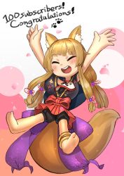 Rule 34 | 1girl, :d, animal ear fluff, animal ears, anklet, arms up, back bow, bad id, bad twitter id, barefoot, black shorts, blonde hair, blush, bow, closed eyes, congratulations, english text, facing viewer, fox ears, fox tail, gonta inukai, hakama, hands up, highres, indie virtual youtuber, japanese clothes, jewelry, jumping, kilye kairi, large tail, long hair, open mouth, red hakama, red skirt, shorts, skirt, smile, solo, tail, virtual youtuber