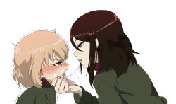 Rule 34 | 10s, 2girls, after kiss, bad id, bad pixiv id, blonde hair, blue eyes, blush, brown hair, dorontabi, eye contact, french kiss, girls und panzer, grabbing another&#039;s chin, green jacket, hand on another&#039;s chin, highres, jacket, katyusha (girls und panzer), kiss, long hair, long sleeves, looking at another, military, military uniform, multiple girls, nonna (girls und panzer), open mouth, saliva, saliva trail, short hair, smile, swept bangs, trembling, uniform, white background, yuri