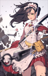 Rule 34 | 1girl, apron, blade, blurry, brown hair, chain, cowboy shot, debris, depth of field, dress, dual wielding, floating hair, frilled apron, frills, green eyes, headdress, holding, holding weapon, hyulla, long hair, long sleeves, maid, maid apron, maid headdress, original, polearm, pouch, red dress, red skirt, reverse grip, skirt, smile, solo, striped clothes, striped dress, sword, vertical stripes, weapon