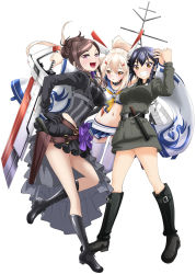 Rule 34 | 3girls, :d, anzio military uniform, ayanami (azur lane), azur lane, bandaid, belt, black belt, black choker, black footwear, black hair, black shirt, black skirt, blonde hair, blue sailor collar, blue skirt, boots, bow, braid, brown belt, brown eyes, brown hair, choker, clenched hand, clothing cutout, commentary request, cross-laced footwear, crossover, detached sleeves, dorothy (princess principal), double horizontal stripe, dress shirt, floating, frilled sash, girl sandwich, girls und panzer, grey jacket, grey skirt, grin, group hug, gun, hair ornament, hairclip, hand on own hip, headgear, highres, holding, holding sword, holding weapon, holster, hug, huge weapon, jacket, knee boots, knife, lace-up boots, leg up, long hair, long sleeves, looking at viewer, microskirt, midriff, military, military uniform, miniskirt, multiple girls, navel, open mouth, overskirt, pepperoni (girls und panzer), princess principal, purple bow, purple eyes, red eyes, rigging, sailor collar, sandwiched, sash, shirt, short hair, shoulder cutout, side braid, silver hair, simple background, skirt, smile, standing, standing on one leg, swept bangs, sword, taichi you, taniguchi gou, thighhighs, uniform, voice actor connection, weapon, white background, white belt, white legwear, white shirt, white sleeves, wing collar, yellow neckwear
