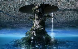 Rule 34 | akai ronii, building, city, city lights, cityscape, commentary request, highres, hole, moss, no humans, original, river, scenery, skyscraper, tree, water, waterfall