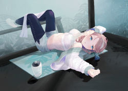 Rule 34 | 1girl, absurdres, arknights, barefoot, blue eyes, blue pants, blue poison (arknights), blue poison (shoal beat) (arknights), blue shorts, bottle, braid, breasts, crop top, frog, hairband, highres, jacket, leggings, long sleeves, looking at viewer, lv2 1130, lying, medium breasts, midriff, official alternate costume, on back, open clothes, open jacket, pants, parted lips, pink hair, poison dart frog, short hair, short shorts, shorts, solo, sports bra, stomach, twin braids, white hairband, white jacket
