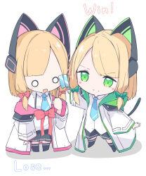 Rule 34 | 2girls, absurdres, animal ear headphones, animal ears, blonde hair, blue archive, bow, cat ear headphones, chibi, closed mouth, commentary request, fake animal ears, full body, green eyes, hair bow, headphones, highres, jam (jamjam777), midori (blue archive), momoi (blue archive), multiple girls, o o, shirt, siblings, sisters, smile, white shirt