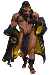 Rule 34 | 1boy, abs, another eidos-r, armband, bara, bare pectorals, beard, black coat, black hair, chest harness, coat, dark-skinned male, dark skin, facial hair, full body, harness, highres, hood, hood up, large pectorals, leg hair, light smile, looking at viewer, male focus, mustache stubble, official art, pectorals, penis, pubic hair, see-through, short hair, sinbad (another eidos), solo, stubble, tarutoru, thick eyebrows, transparent background