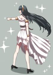 Rule 34 | 1girl, :d, absurdres, black hair, blush, brown hairband, cleopatra (fate), commentary request, dress, fate/grand order, fate (series), floating hair, from behind, green eyes, grey background, hairband, highres, long hair, open mouth, outstretched arm, pleated dress, pointing, profile, shadow, simple background, smile, solo, sparkle, standing, very long hair, white dress, yuya090602