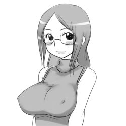 Rule 34 | 1girl, aaaa (quad-a), bad id, bad pixiv id, blush, breasts, covered erect nipples, glasses, greyscale, large breasts, long hair, looking at viewer, monochrome, simple background, smile, solo, white background