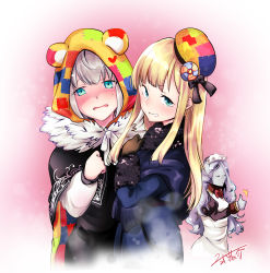 Rule 34 | 3girls, ^^^, animal ears, animal hood, beret, black bow, black capelet, black dress, blonde hair, blue coat, blush, bow, brown gloves, cape, capelet, closed eyes, closed mouth, coat, collared dress, commentary request, dress, fake animal ears, fate (series), fringe trim, gloves, golem, gray (fate), green eyes, grey skirt, grin, hair between eyes, hair bow, hat, head tilt, highres, hood, hood up, juliet sleeves, long hair, long sleeves, lord el-melloi ii case files, maid headdress, multiple girls, nikki kyousuke, parted lips, puffy sleeves, red bow, reines el-melloi archisorte, signature, silver hair, skirt, smile, sweat, thumbs up, tilted headwear, trimmau (fate), very long hair