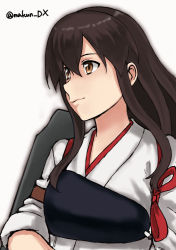 Rule 34 | 1girl, akagi (kancolle), brown eyes, brown hair, flight deck, japanese clothes, kantai collection, long hair, looking up, maakun (makun dx), muneate, one-hour drawing challenge, simple background, solo, straight hair, tasuki, twitter username, upper body, white background