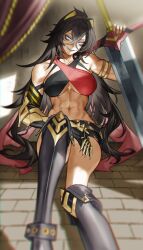Rule 34 | 1girl, abs, absurdres, arm armor, belt, black belt, black footwear, black hair, black shorts, blue eyes, blurry, blurry background, blurry foreground, boots, breasts, collaboration, color sometimes, colorized, commentary, criss-cross halter, crossed bangs, dark-skinned female, dark skin, dehya (genshin impact), depth of field, english commentary, genshin impact, gold trim, greatsword, grin, halterneck, highres, knee boots, large breasts, long hair, looking at viewer, midriff, muscular, muscular female, nail polish, navel, red nails, rhine (overtonerhine), short shorts, shorts, sitting, smile, solo, stomach, sword, teeth, thigh boots, third-party edit, very long hair, weapon