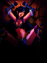 Rule 34 | 1girl, armor, arms up, bdsm, blue eyes, blue hair, bondage, bound, breasts, bustier, chain, choker, cleavage, collarbone, cuffs, earrings, fingerless gloves, gauntlets, gloves, hair over one eye, handcuffs, jewelry, league of legends, leg armor, loincloth, long hair, matching hair/eyes, midriff, missingfish, open mouth, sivir, solo