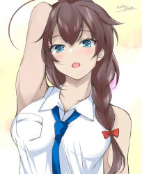 Rule 34 | 1girl, ahoge, arm up, armpits, blue eyes, blue necktie, braid, brown hair, collared shirt, commentary request, dress shirt, gakky, hair flaps, hair over shoulder, kantai collection, looking at viewer, necktie, official alternate costume, shigure (kancolle), shigure kai ni (kancolle), shirt, single braid, sleeveless, sleeveless shirt, solo, white shirt