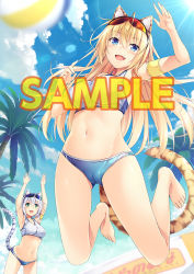 Rule 34 | 2girls, :d, akizora momiji, animal ears, arm up, armband, armpits, arms up, ball, bare legs, barefoot, beach, bikini, blonde hair, blue bikini, blue eyes, blue sky, blush, breasts, cameltoe, cat ears, cat girl, cat tail, character request, cloud, cloudy sky, copyright request, crotch, day, eyewear on head, fang, feet, green eyes, hair between eyes, jumping, lens flare, long hair, medium breasts, multiple girls, navel, open mouth, outdoors, palm tree, palms, sample watermark, sky, smile, sports sunglasses, stomach, summer, sun, sunglasses, sunlight, swimsuit, tail, toranoana, tree, watermark, white hair
