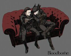 Rule 34 | 2boys, belt, black footwear, black hair, black headwear, black jacket, bloodborne, book, boots, brown belt, brown footwear, brown pants, brown vest, buttons, closed eyes, closed mouth, couch, crossed arms, crossed legs, freckles, from above, grey background, hat, highres, holding, holding book, hunter (bloodborne), jacket, kamezaemon, knee boots, long hair, multiple boys, open book, pants, simple background, sitting, smile, tricorne, vest