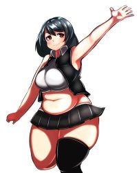 Rule 34 | 1girl, arm up, belly, black hair, blush, breasts, collared shirt, fat, jacket, large breasts, looking at viewer, midriff, miniskirt, mole, mole under eye, navel, oozon (ozon), original, ouzon, plump, red eyes, shirt, single thighhigh, skirt, smile, solo, standing, thick thighs, thighhighs, thighs, waving, wide hips