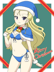 Rule 34 | 1girl, assam (girls und panzer), bell, bikini, blonde hair, blue bikini, blue capelet, blue eyes, blue hat, blue santa costume, breasts, capelet, christmas, commentary, cowboy shot, english text, front-tie bikini top, front-tie top, fur-trimmed capelet, fur trim, girls und panzer, girls und panzer senshadou daisakusen!, hair pulled back, hat, highres, holly, ichinose jun, light blush, long hair, looking at viewer, merry christmas, navel, neck bell, official alternate costume, parted lips, santa bikini, santa costume, santa hat, side-tie bikini bottom, small breasts, smile, solo, standing, swimsuit