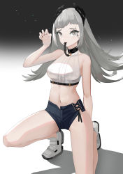 Rule 34 | 1girl, absurdres, alternate costume, arknights, ayan (ayanart), bare arms, bare legs, bare shoulders, black background, black shorts, breasts, claw pose, commentary request, crop top, gradient background, grey eyes, grey hair, hand up, head wings, highres, irene (arknights), kneeling, long hair, looking at viewer, medium breasts, micro shorts, midriff, mouth hold, navel, on one knee, scar, scar across eye, shadow, shirt, shoes, shorts, sleeveless, sleeveless shirt, solo, stomach, thighs, white background, white footwear, white shirt, wings