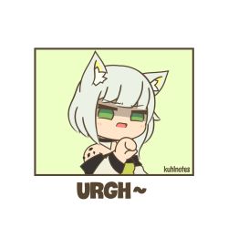 Rule 34 | 1girl, animal ear fluff, animal ears, arknights, arm up, artist name, bare shoulders, blunt bangs, blush stickers, border, cat ears, chibi, choker, english text, green background, green eyes, kal&#039;tsit (arknights), kuhl-notes, material growth, open mouth, oripathy lesion (arknights), shaded face, short hair, simple background, solo, upper body, white border