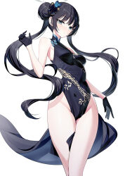 Rule 34 | 1girl, bare shoulders, black dress, black gloves, black hair, blue archive, blush, braid, braided bun, breasts, butterfly hair ornament, china dress, chinese clothes, double bun, dragon print, dress, gloves, grey eyes, hair bun, hair ornament, half gloves, halo, highres, kisaki (blue archive), long hair, looking at viewer, pelvic curtain, ririko (zhuoyandesailaer), short dress, side slit, small breasts, solo, thighs, twintails