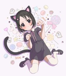 Rule 34 | 1girl, animal ears, black dress, black eyes, black footwear, black hair, blush, bow, bowtie, candy, cat ears, cat tail, child, clenched hands, collar, commentary, cookie, dot nose, dress, fake animal ears, fake tail, flat chest, food, full body, ghost, hair ornament, hairclip, halloween, hands up, highres, idolmaster, idolmaster cinderella girls, legs, lollipop, looking at viewer, macaron, mary janes, megabee e, paw hair ornament, paw pose, pink background, pink bow, pink bowtie, pout, puffy short sleeves, puffy sleeves, sasaki chie, shoes, short hair, short sleeves, sitting, solo, tail, thighhighs, thighs, v-shaped eyebrows, wariza, white collar, white thighhighs