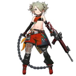 Rule 34 | 1girl, ahoge, assault rifle, bare shoulders, black gloves, black pants, boots, chain, chain necklace, earrings, female focus, fingerless gloves, flat chest, full body, girls&#039; frontline, gloves, green eyes, grey hair, gun, holding, holding gun, holding weapon, jewelry, looking at viewer, midriff, navel, necklace, official art, pants, rifle, short hair, sig-556 (girls frontline), sig sauer 556, smile, solo, standing, stomach, transparent background, twintails, waterkuma, weapon