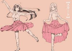 Rule 34 | 2girls, black hair, breasts, brown background, collared shirt, dancing, eyes visible through hair, full body, hand up, holding clothes, holding skirt, leg up, limited palette, long hair, long skirt, medium breasts, multiple girls, original, orihara sachiko, pants, pleated skirt, pocket, red skirt, shirt, shirt tucked in, shoes, simple background, skirt, sleeves rolled up, small breasts, standing, white footwear, white hair, white pants, white shirt