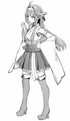Rule 34 | 1girl, ahoge, boots, commentary request, detached sleeves, double bun, frilled skirt, frills, full body, greyscale, hairband, headgear, high heels, kantai collection, kongou (kancolle), long hair, looking to the side, monochrome, nontraditional miko, pleated skirt, ribbon-trimmed sleeves, ribbon trim, skirt, solo, takayaki, thigh boots, thighhighs