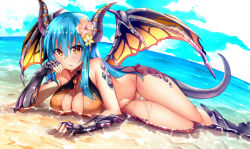 Rule 34 | &gt;:/, 1girl, :/, beach, bikini, bikini bottom only, blue hair, blush, boots, breasts, cameltoe, cleavage, closed mouth, cloud, day, dragon girl, dragon horns, dragon tail, dragon wings, eyebrows, female focus, fingerless gloves, flower, gloves, hair flower, hair ornament, horns, long hair, looking at viewer, lying, medium breasts, monster girl, navel, on side, original, outdoors, papa nene, scales, side-tie bikini bottom, sky, solo, swimsuit, tail, thigh gap, v-shaped eyebrows, water, wings, yellow bikini, yellow eyes