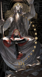 Rule 34 | 1boy, ahoge, black footwear, black pants, black shirt, blonde hair, blouse, boots, braid, braided ponytail, character name, cloak, closed mouth, commentary, crossed legs, edward elric, emmmerald, english commentary, english text, fullmetal alchemist, gloves, highres, hood, hood up, long sleeves, looking at viewer, male focus, mechanical arms, pants, revision, shirt, single braid, single mechanical arm, sitting, solo, statue, tarot, tarot (medium), the sun (tarot), v-shaped eyebrows, white gloves, yellow eyes