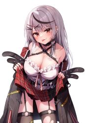 Rule 34 | 1girl, :p, black hair, breasts, cleavage, clothes lift, commentary request, garter straps, grey hair, hair ornament, highres, hololive, large breasts, lifted by self, long hair, looking at viewer, multicolored hair, plaid, plaid skirt, red eyes, red skirt, sakamata chloe, sakamata chloe (1st costume), shishou (doragyurosu), simple background, skirt, skirt lift, smile, solo, standing, streaked hair, teasing, thighs, tongue, tongue out, unworn skirt, virtual youtuber, white background, x hair ornament