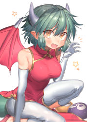 Rule 34 | 1girl, :d, bare shoulders, blush, china dress, chinese clothes, claw pose, commentary request, draco centauros, dress, elbow gloves, fang, flats, gloves, green hair, hair between eyes, hand up, highres, horns, leggings, looking at viewer, madou monogatari, masanaga (tsukasa), open mouth, pants, pink footwear, puyopuyo, red dress, short hair, sidelocks, simple background, sitting, skindentation, sleeveless, sleeveless dress, smile, solo, star (symbol), white background, white gloves, white pants, wings, yellow eyes