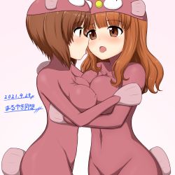 Rule 34 | 2girls, absurdres, anglerfish costume, blush, breasts, brown eyes, brown hair, covered erect nipples, girls und panzer, highres, hug, kiss, large breasts, looking at another, medium hair, multiple girls, nishizumi miho, saliva, saliva trail, short hair, simple background, takebe saori, white background, yuri