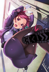 Rule 34 | 10s, 1girl, :d, armband, arms up, ass, black pantyhose, blue eyes, blurry, boots, depth of field, foreshortening, from below, gloves, highres, jacket, lens flare, lips, necktie, open mouth, pantyhose, pencil skirt, rail wars!, red hair, sakurai aoi, scan, shoe soles, short hair, skirt, smile, solo, uniform, vania600, watch, white gloves, wristwatch