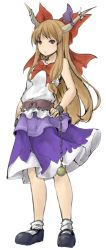 Rule 34 | 1girl, ball and chain restraint, belt, black footwear, blue ribbon, bow, bowtie, brown hair, commentary request, cuffs, full body, hair bow, horn ornament, horn ribbon, horns, ibuki suika, long hair, looking at viewer, mary janes, netamaru, purple skirt, red bow, red bowtie, red eyes, ribbon, shackles, shirt, shoes, simple background, skirt, sleeveless, solo, standing, touhou, white background, white legwear, white shirt