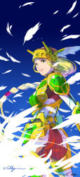 Rule 34 | 1girl, ass, blonde hair, braid, breasts, character name, chest armor, falling feathers, feathers, floating hair, from behind, green eyes, hair tie, helmet, highres, light smile, long hair, looking back, medium breasts, morioka yasuto, sky, solo, twisted torso, valkyrie (vnd), valkyrie no densetsu, very long hair, winged helmet