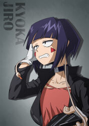 1girl artist_request audio_jack black_eyes blunt_bangs boku_no_hero_academia character_name choker fingerless_gloves gloves highres jacket jirou_kyouka open_mouth purple_hair shirt short_hair simple_background solo