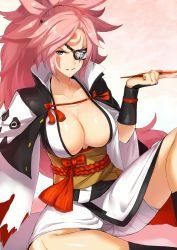 Rule 34 | 1girl, baiken, breasts, cleavage, eyepatch, facial tattoo, guilty gear, guilty gear xrd, highres, holding, holding smoking pipe, large breasts, long hair, looking at viewer, open clothes, open robe, parted lips, pink hair, ponytail, purinnssu, red eyes, robe, scar, scar across eye, scar on face, sitting, smoking pipe, solo, tattoo