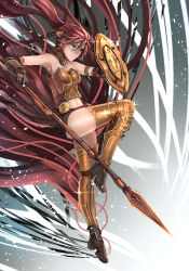 Rule 34 | 1girl, armor, bad id, bad tumblr id, bare shoulders, boots, choker, gloves, gorget, greaves, green eyes, high heel boots, high heels, highres, holding, holding weapon, leg armor, long hair, polearm, pyrrha nikos, red hair, rwby, shield, skirt, solo, spear, thighhighs, weapon