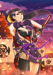 Rule 34 | 1girl, absurdres, architecture, banner, black gloves, black hair, breasts, cleavage, east asian architecture, floral print, gloves, gold trim, highres, holding, holding sword, holding weapon, katana, looking at viewer, medium breasts, outdoors, parted lips, ponytail, purple sky, red eyes, sawasa, sheath, sky, solo, standing, sword, tachibana ginchiyo, tassel, unsheathing, weapon
