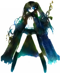 Rule 34 | 10s, 1girl, arm cannon, bad id, bad pixiv id, belt, black hair, black rock shooter, black rock shooter (character), boots, chain, female focus, full body, glowing, glowing eyes, knee boots, midriff, monochrome, solo, spot color, star (symbol), tsuchiya akira, vocaloid, weapon