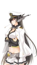 Rule 34 | 1girl, admiral (kancolle) (cosplay), admiral (kancolle), black hair, borrowed clothes, cosplay, crossed arms, elbow gloves, gloves, headgear, highres, jacket, jacket on shoulders, kantai collection, long hair, nagato (kancolle), okitakung, red eyes, skirt, solo, thighhighs, very long hair