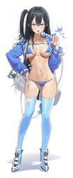 Rule 34 | 1girl, absurdres, belt, bikini, black hair, blue bikini, blue eyes, blue jacket, blue thighhighs, boots, breasts, breasts apart, check copyright, copyright request, freng, full body, halterneck, halterneck, hand on own hip, hand up, high heel boots, high heels, highres, jacket, large breasts, long hair, long sleeves, looking at viewer, navel, no pants, one side up, open clothes, open jacket, open mouth, original, scuba gear, scuba tank, side-tie bikini bottom, skindentation, solo, standing, stomach, strap pull, string bikini, swimsuit, thigh boots, thighhighs, thighs, wet