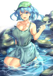 Rule 34 | 1girl, bare shoulders, barefoot, blue eyes, blue hair, blush, breasts, clothes around waist, collarbone, green headwear, hair bobbles, hair ornament, head tilt, highres, holding, holding wrench, jacket, jacket around waist, kawashiro nitori, kneeling, large breasts, looking at viewer, mirufui, off shoulder, one eye closed, partially submerged, river, short hair, solo, strap slip, tank top, touhou, two side up, water, wet, wrench