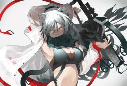 Rule 34 | 1girl, absurdres, animal ears, arknights, arm behind head, arm up, armpits, arrow (projectile), bow, breasts, grey hair, highres, looking at viewer, medium breasts, onkyi, schwarz (arknights), see-through, see-through shirt, solo, upper body, white background