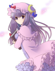Rule 34 | 1girl, book, hugging book, breasts, crescent, crescent hair ornament, dress, frills, hair ornament, hat, hat ribbon, hayabusa koi, holding, holding book, hugging object, light particles, long hair, looking at viewer, looking back, mob cap, patchouli knowledge, purple eyes, purple hair, ribbon, robe, simple background, solo, striped clothes, striped dress, touhou, very long hair, white background