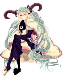Rule 34 | 1girl, animal slippers, bad id, bad pixiv id, crossed legs, detached sleeves, green eyes, green hair, hatsune miku, horns, hzrn (ymj924), long hair, matching hair/eyes, sheep, sitting, skirt, slippers, smile, solo, thighhighs, transparent background, twintails, very long hair, vocaloid, white background