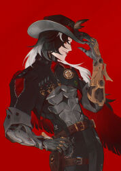 Rule 34 | 1boy, belt, black hair, boothill (honkai: star rail), cowboy hat, cowboy shot, grin, hand on own hip, hat, hat tip, highres, holster, honkai: star rail, honkai (series), male focus, midnightcrowart, multicolored hair, red background, red eyes, simple background, smile, solo, thigh holster, two-tone hair, white hair