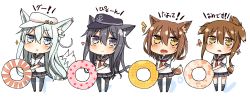 Rule 34 | 10s, 4girls, akatsuki (kancolle), anchor symbol, animal ears, bad id, bad twitter id, black skirt, black socks, brown eyes, brown hair, cat ears, cat tail, catchphrase, commentary request, dog ears, dog tail, fang, flat cap, folded ponytail, fox ears, fox tail, grey eyes, hammer and sickle, hat, hibiki (kancolle), highres, ikazuchi (kancolle), inazuma (kancolle), kantai collection, kemonomimi mode, kneehighs, looking at viewer, multiple girls, nanodesu (phrase), neckerchief, nonono (mino), open mouth, pantyhose, pleated skirt, ponytail, purple eyes, school uniform, serafuku, short sleeves, silver hair, simple background, skirt, smile, socks, tail, thighhighs, translation request, verniy (kancolle)