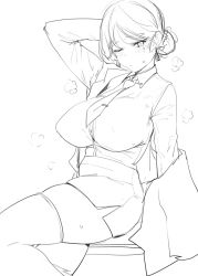 Rule 34 | 1girl, arm up, berserkert, blush, breasts, button gap, earrings, greyscale, hair bun, half-closed eyes, hand on own head, highres, hongryeon (last origin), hot, impossible clothes, impossible shirt, jacket, jacket partially removed, jewelry, large breasts, last origin, looking at viewer, miniskirt, mole, mole under eye, monochrome, necktie, one eye closed, partially unbuttoned, pencil skirt, shirt, side slit, simple background, single hair bun, sketch, skirt, solo, steaming body, sweatdrop, thighhighs, thighs, white background, zettai ryouiki
